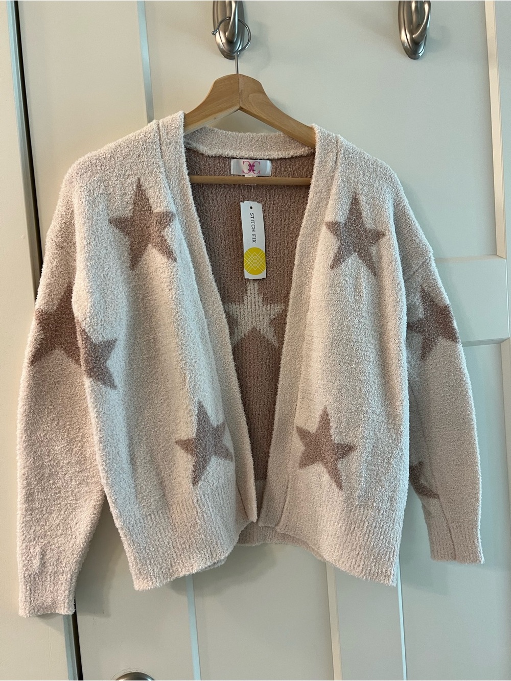 NWT! Girls Cozy Star-Print Open Cardigan Sweater - Cream & Taupe- Size Large